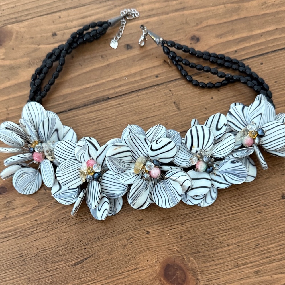 Floral Black and White Necklace, glass flowers from Anthropology